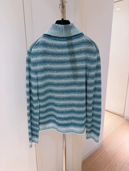 Loro Piana Blue and White Gradient Striped Knit Cardigan