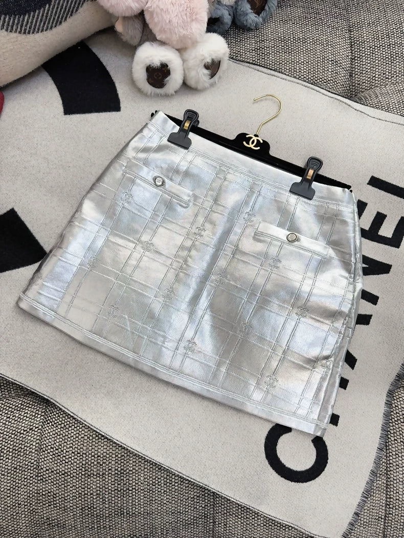 Chanel 25c silver metallic diamond skirt