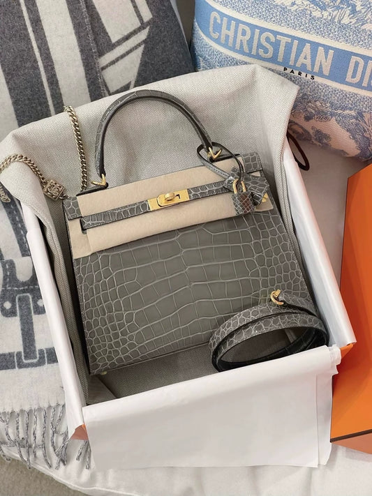 Hermès Kelly 25 0V crystal grey shiny  crocodile leather gold hardware