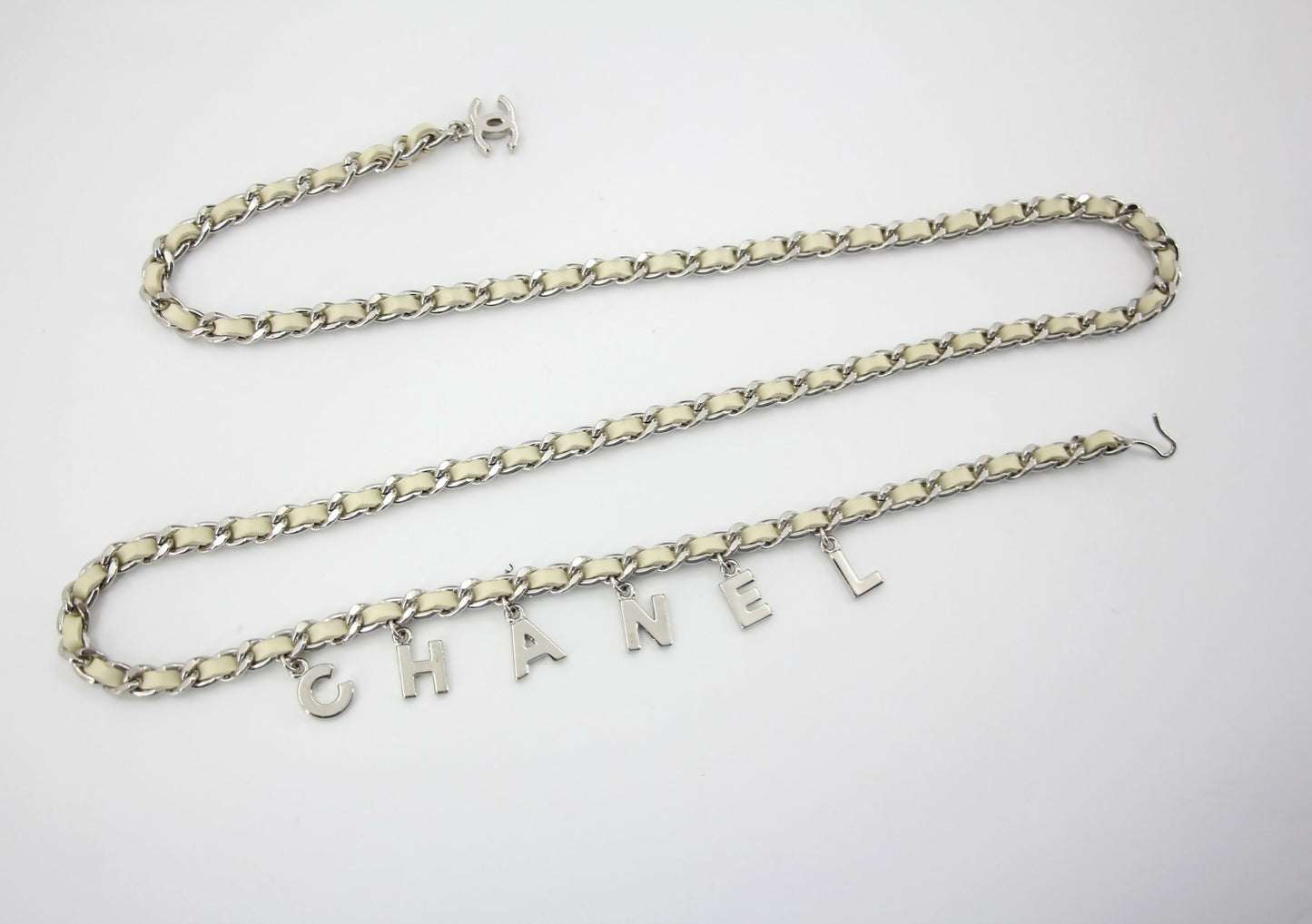 Chanel A12C Leather with Metal Beige White and Silver Waist Chain L95