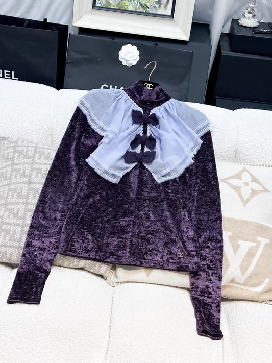Chanel 24A purple velvet bow-tie pleated collar long-sleeved top