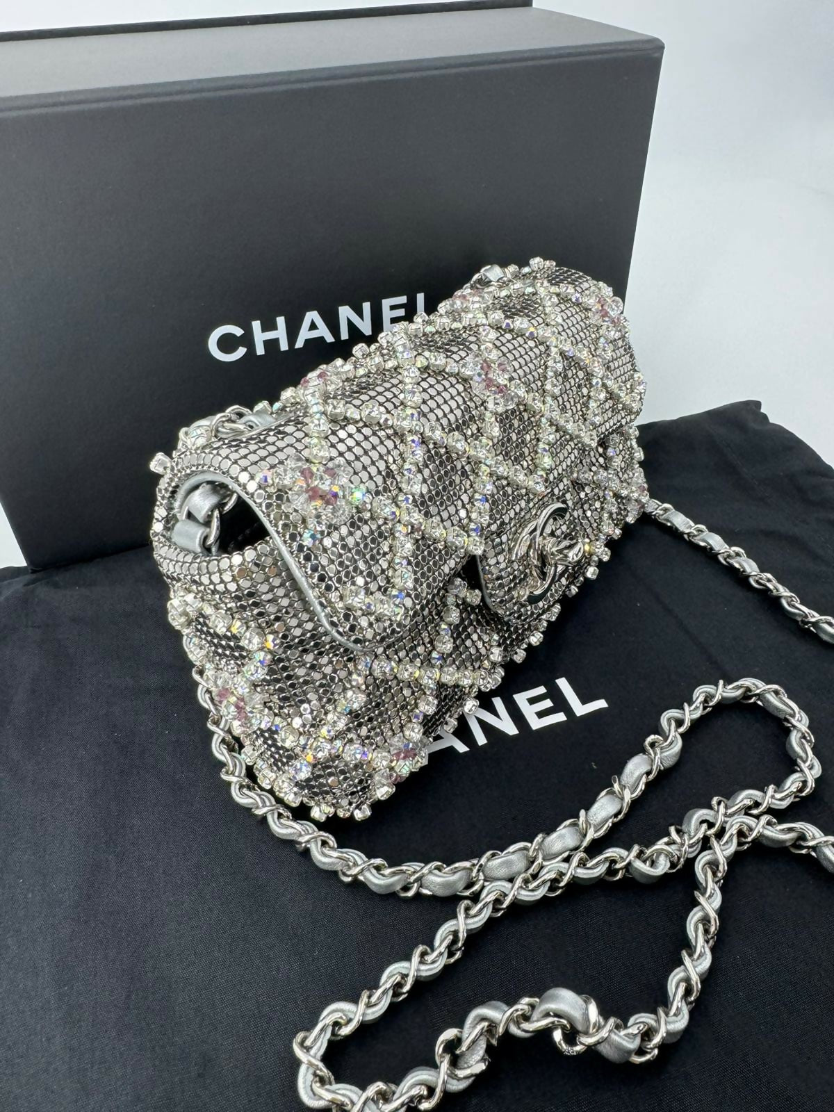 Chanel 2022 Rhinestone Strass & Metal Mini Flap Bag with Silver Tone Hardware