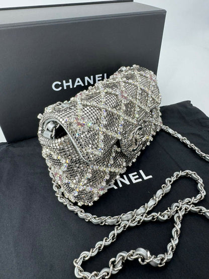 Chanel 2022 Rhinestone Strass & Metal Mini Flap Bag with Silver Tone Hardware