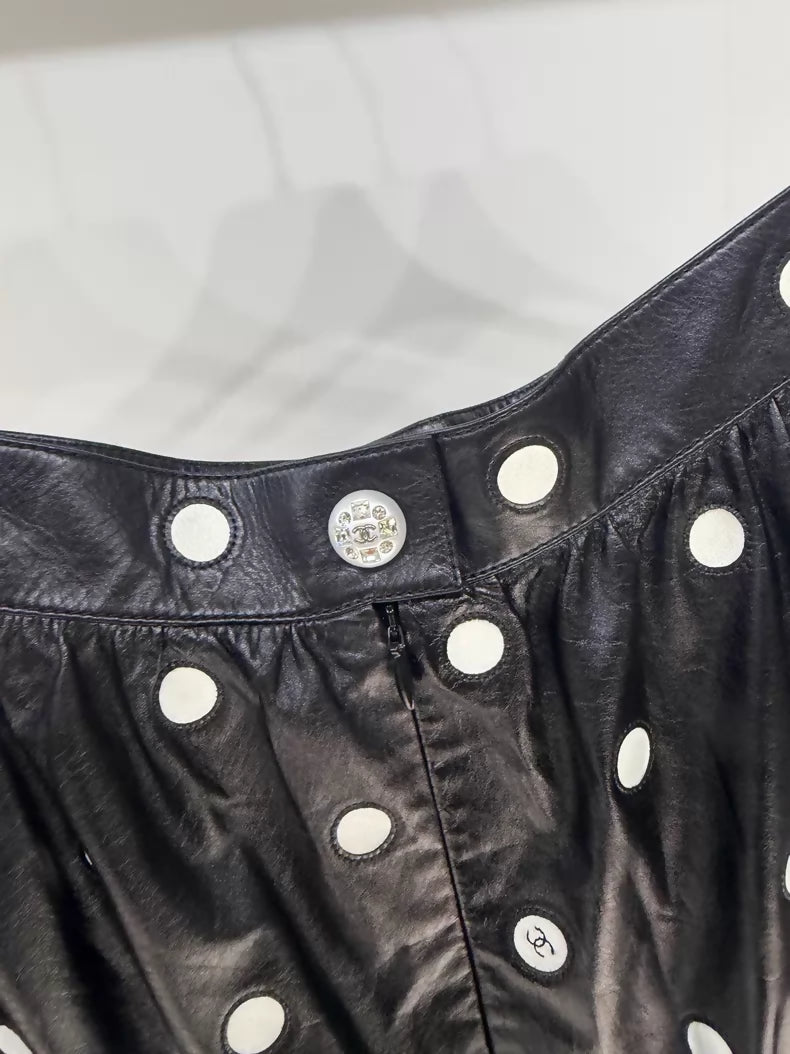 Chanel 23S Black Polka Dot Leather Skirt