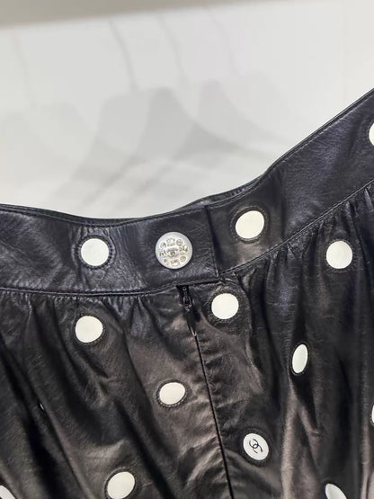 Chanel 23S Black Polka Dot Leather Skirt