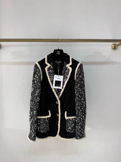 Chanel 19K Black Tweed Jacket with White Trim