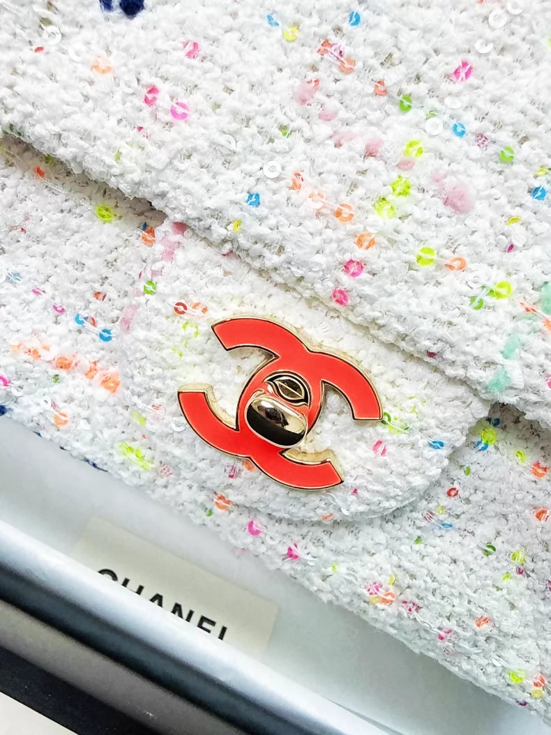 Chanel 24C white sequined tweed Min Flap CF chain bag