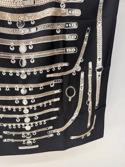Limited edition Hermes scarf, 90×90cm, hand-embroidered with beading and sequins, silver chain embroidery design