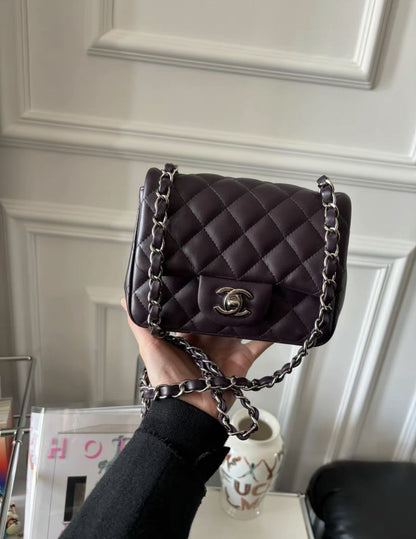 CHANEL Mini Square Flap Lambskin Quilted Dark Purple