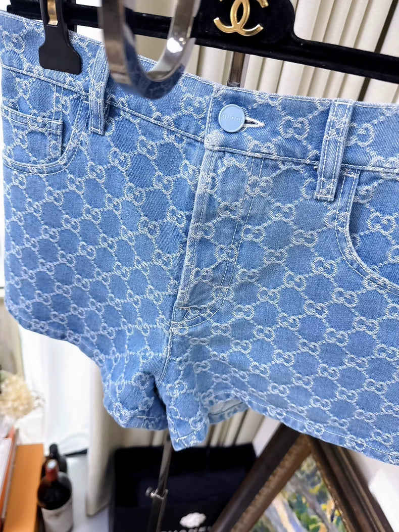 Gucci light blue logo all-over denim shorts