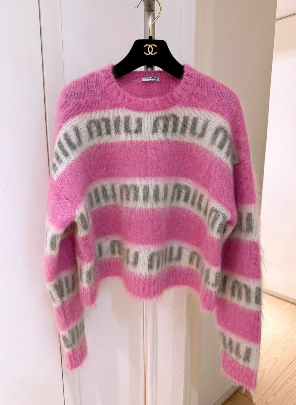 MIU MIU Miu Miu Pink and White Logo Mohair Sweater - Medium Top - Vintage fashion from Wararni