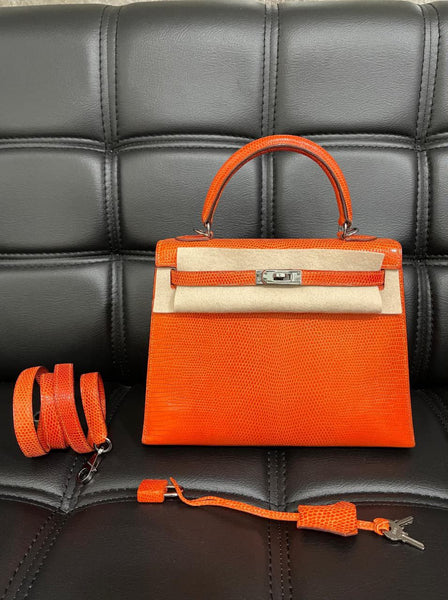 Hermes Kelly 25 Tangerine Lizard Ruthenium Hardware – Wararni.com
