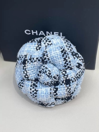 Chanel 25S Blue Tweed Camellia Brooch