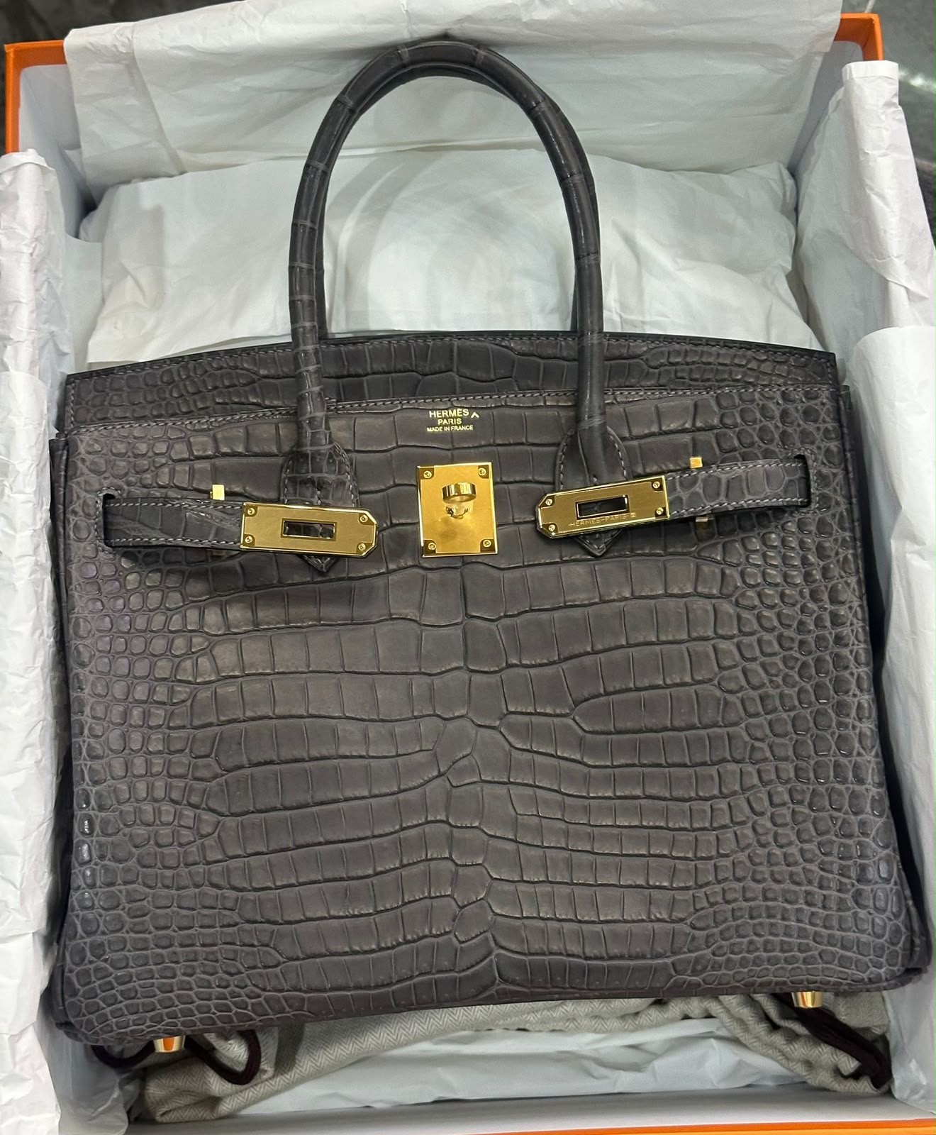 Hermes Birkin 30 Graphite Matte Porosus Gold hardware