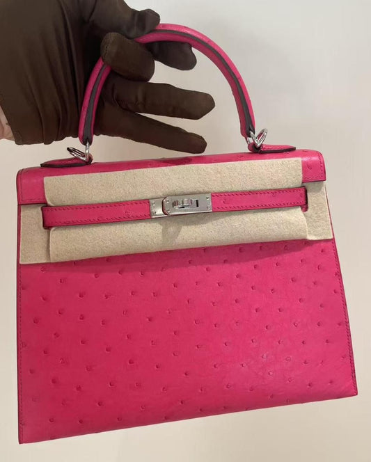 Hermes Kelly 25 rose tyrien ostrich leather palladium harwdare