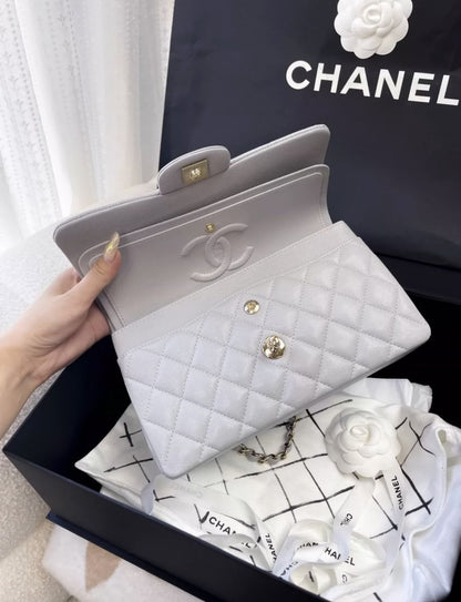 Chanel Small Classic Double Flap Pearl Grey Caviar Gold Hardware