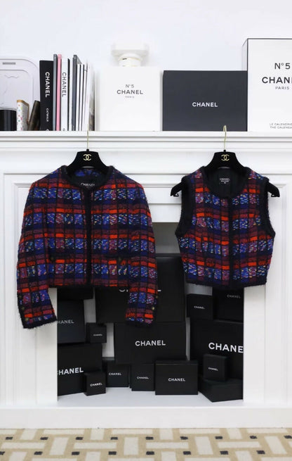 Chanel 1994 red and blue checkered jacket and vest set.