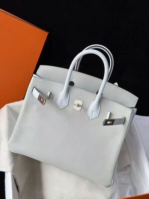 Hermès Special Order (HSS) Birkin 25 Gris Perle / Bleu Orage Chevre Mysore with Brushed Palladium Hardware