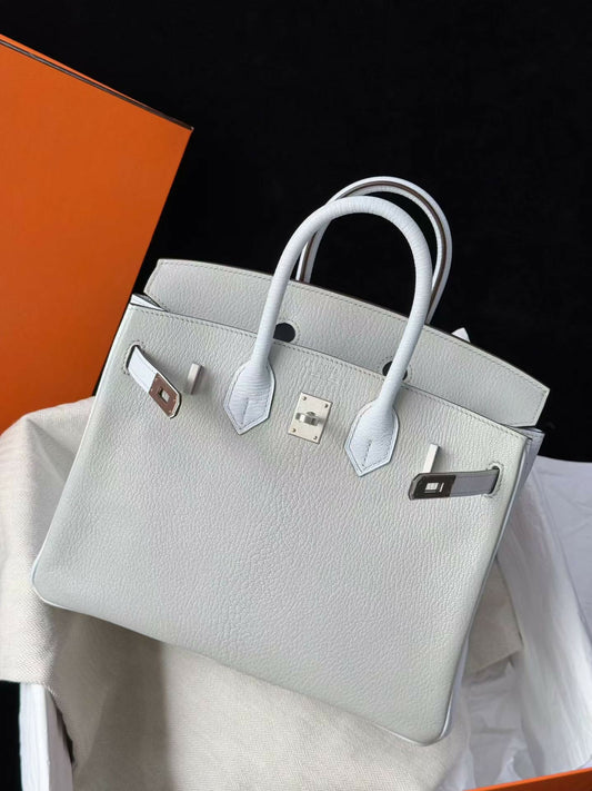 Hermès Special Order (HSS) Birkin 25 Gris Perle / Bleu Orage Chevre Mysore with Brushed Palladium Hardware