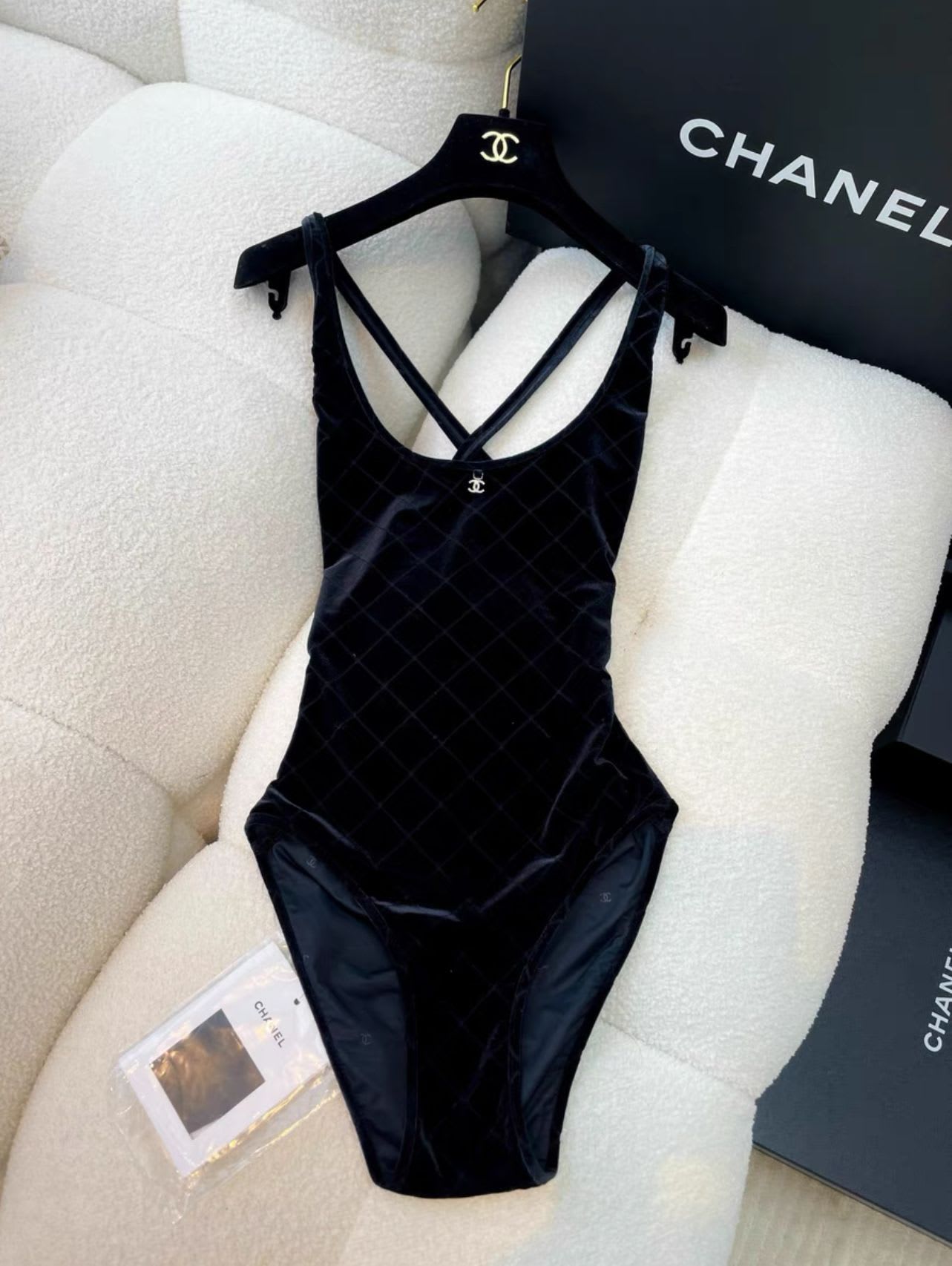 Chanel 23 Coco beach black suede plaid one-piece swimsuit