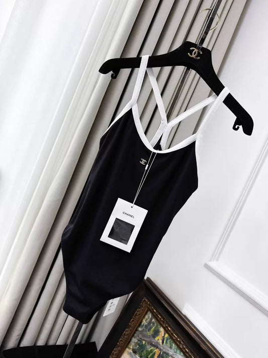 Chanel 22S runway style black swimsuit with white trim