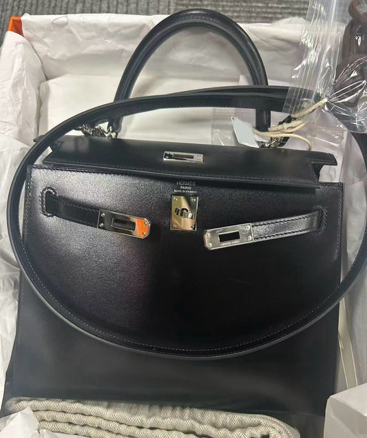 Hermes Kelly 25 Black Box leather palladium hardware