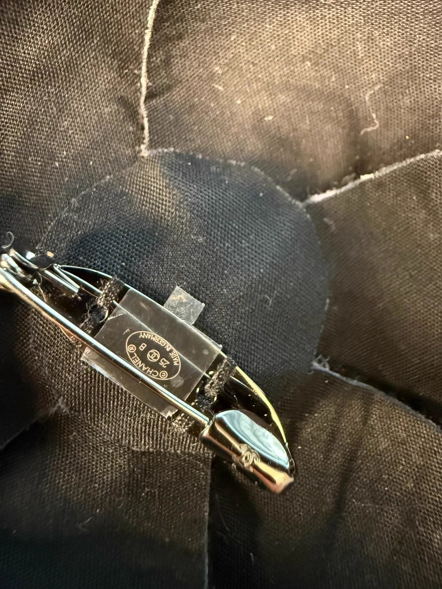 Chanel 25B pink and black tweed camellia brooch