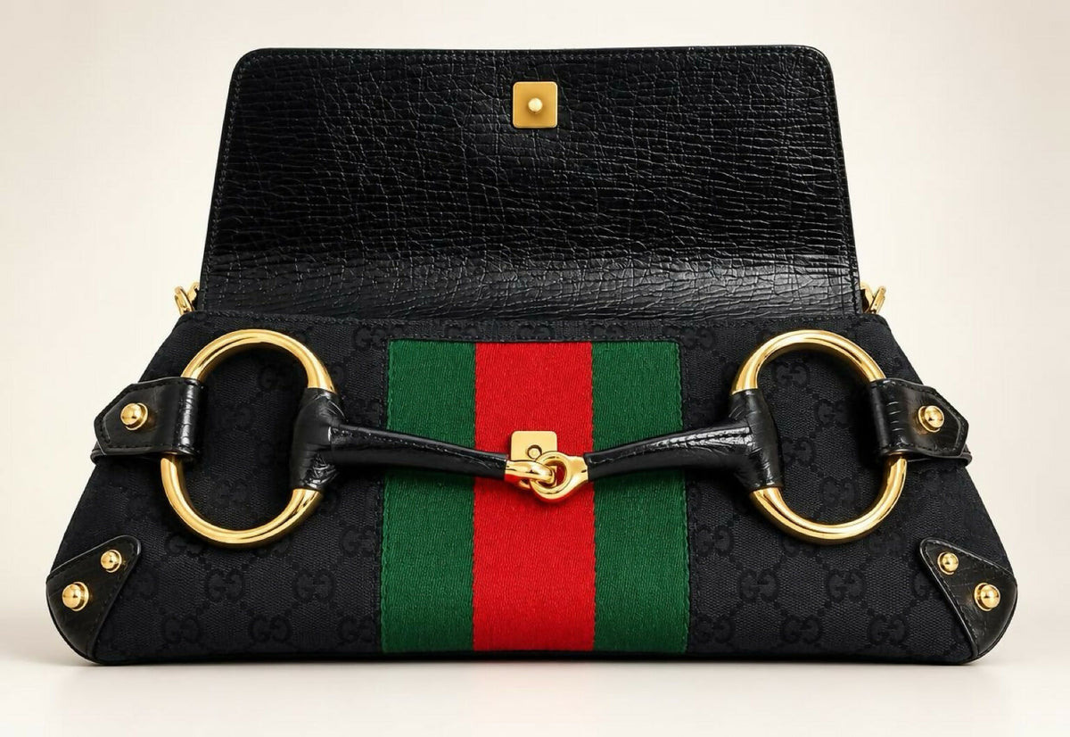 Gucci Large 1955 Tom Ford Classic Black Red Green GG Monogram Horsebit Clutch Handbag Gold hardware
