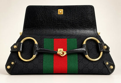 Gucci Large 1955 Tom Ford Classic Black Red Green GG Monogram Horsebit Clutch Handbag Gold hardware