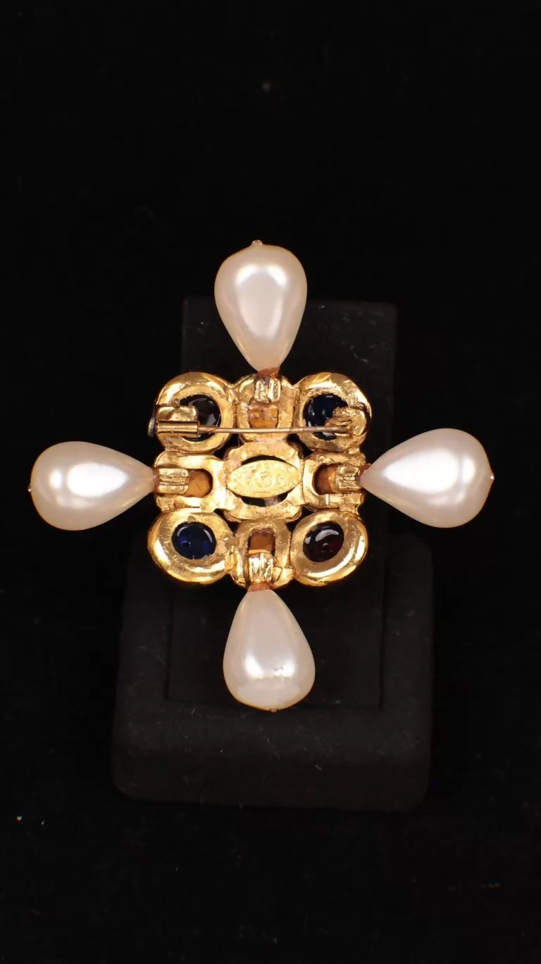 Chanel 1991 Red and Green Glass Rhinestone and Pearl Brooch
