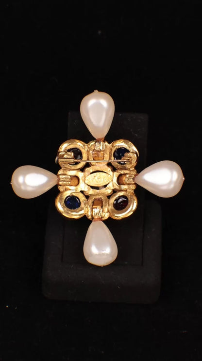 Chanel 1991 Red and Green Glass Rhinestone and Pearl Brooch