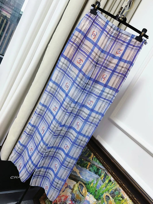 Chanel 23P Blue and White Silk CC Logo Pants