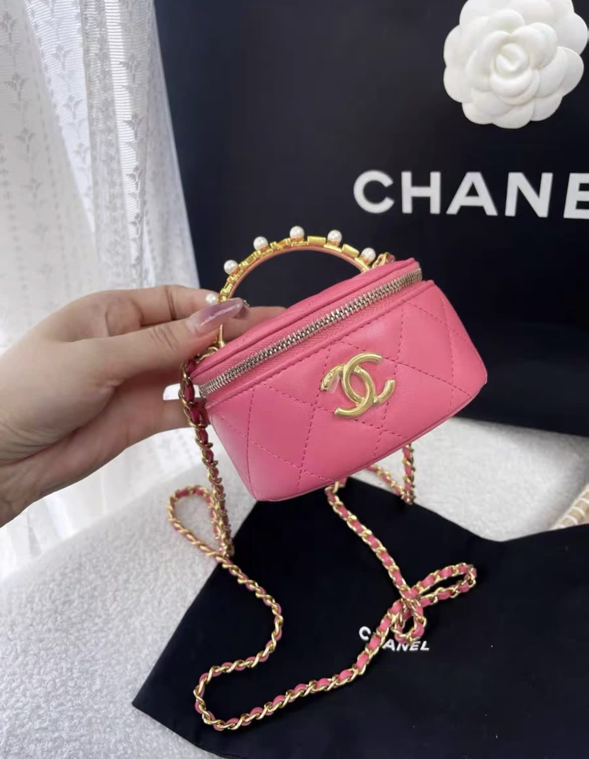 Chanel 23B pearl top handle pink mini vanity bag