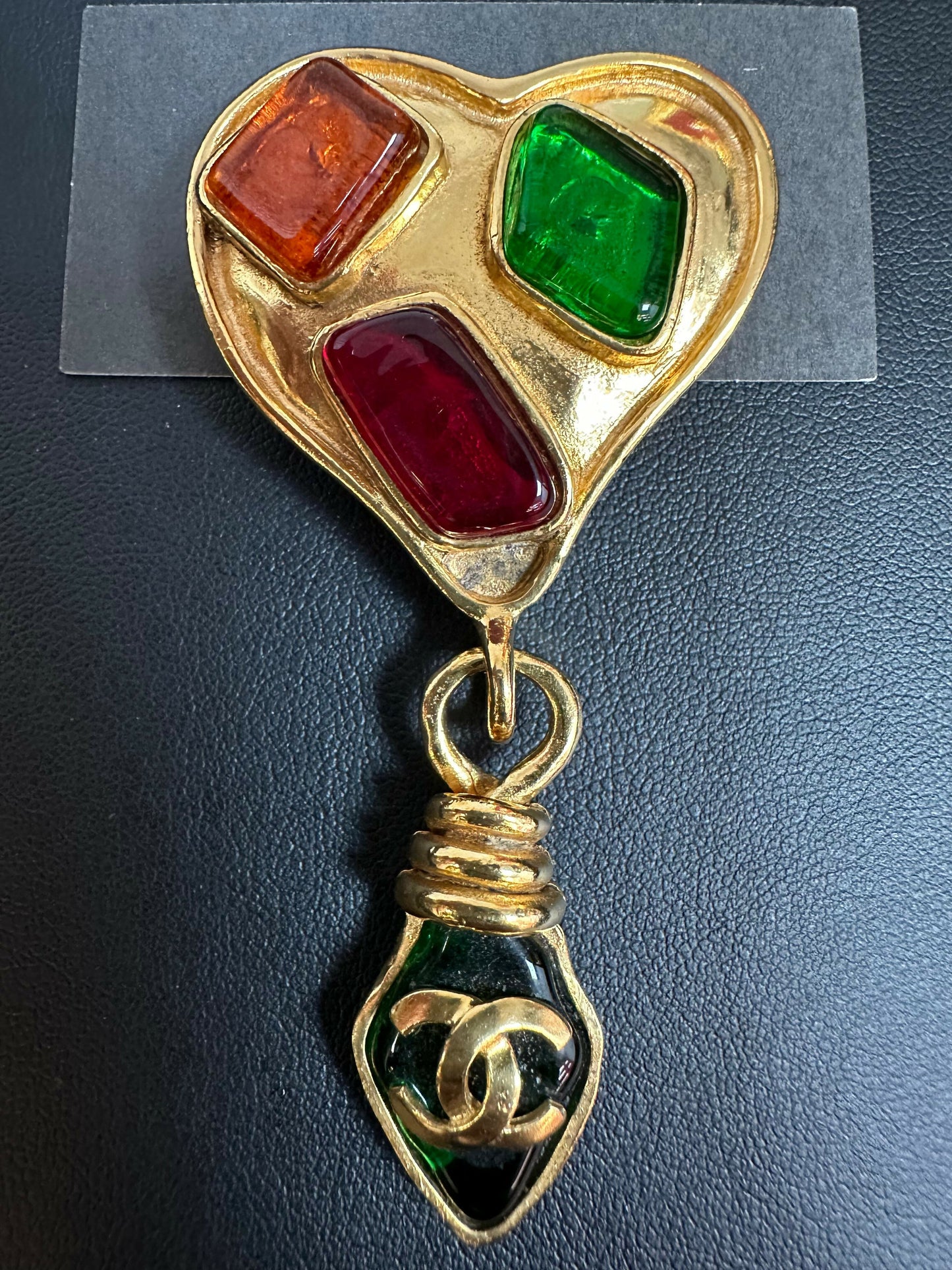 Chanel Vintage 95 Gripoix & Gold Plated Heart CC Pendant Brooch