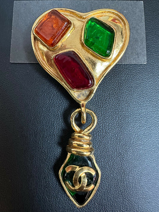 Chanel Vintage 95 Gripoix & Gold Plated Heart CC Pendant Brooch