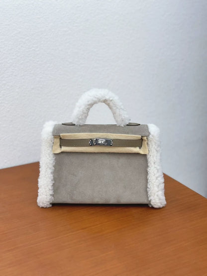 HERMÈS Limited Edition Mini Kelly II Teddy Etoupe Ecru Gris caillou Grizzly Swift Mouton Palladium hardware