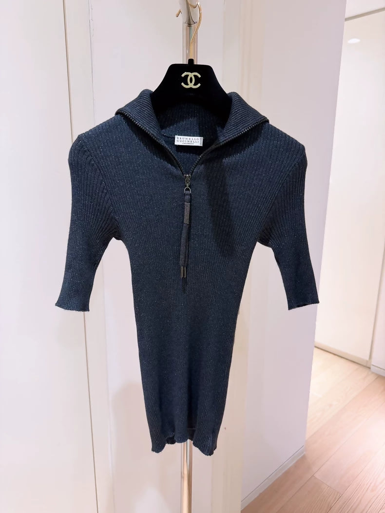 Brunello Cucinelli dark blue half-zip ultra-thin cashmere knit sweater