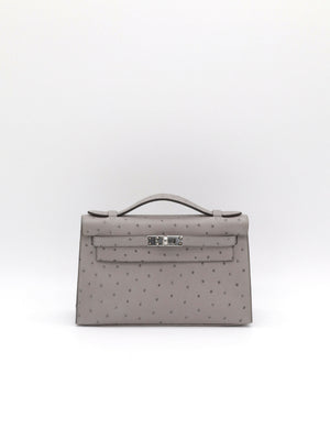Hermès Kelly Pochette Gris Mouette Ostrich Palladium Hardware