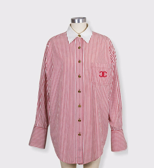 Chanel 1990s Vintage Red Striped Embroidered Logo Button-Down Shirt