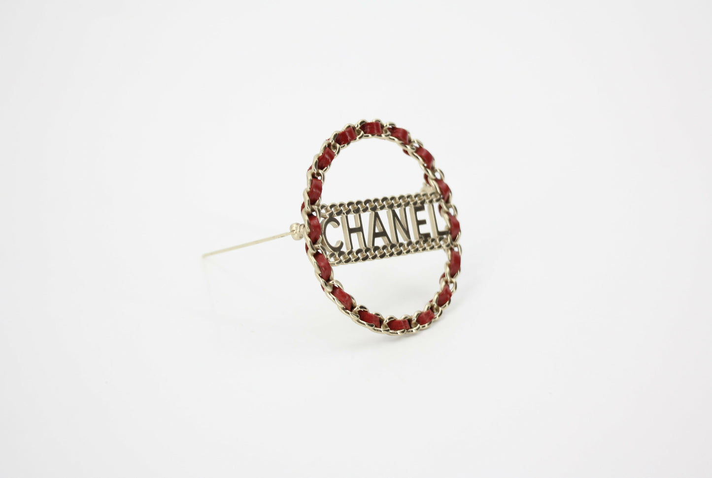 Chanel B18K Leather Red Metal Round Brooch