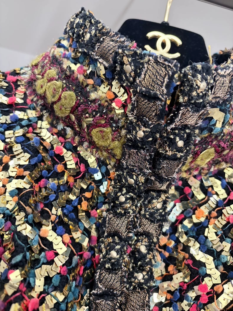 Chanel Byzantine Collection Heavy Gold Sequined Beaded Stand Collar Jacket