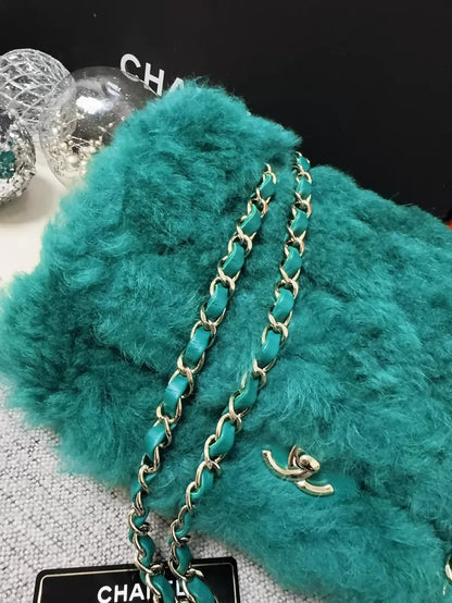 Chanel 19K green vintage quilted fur CF chain crossbody bag