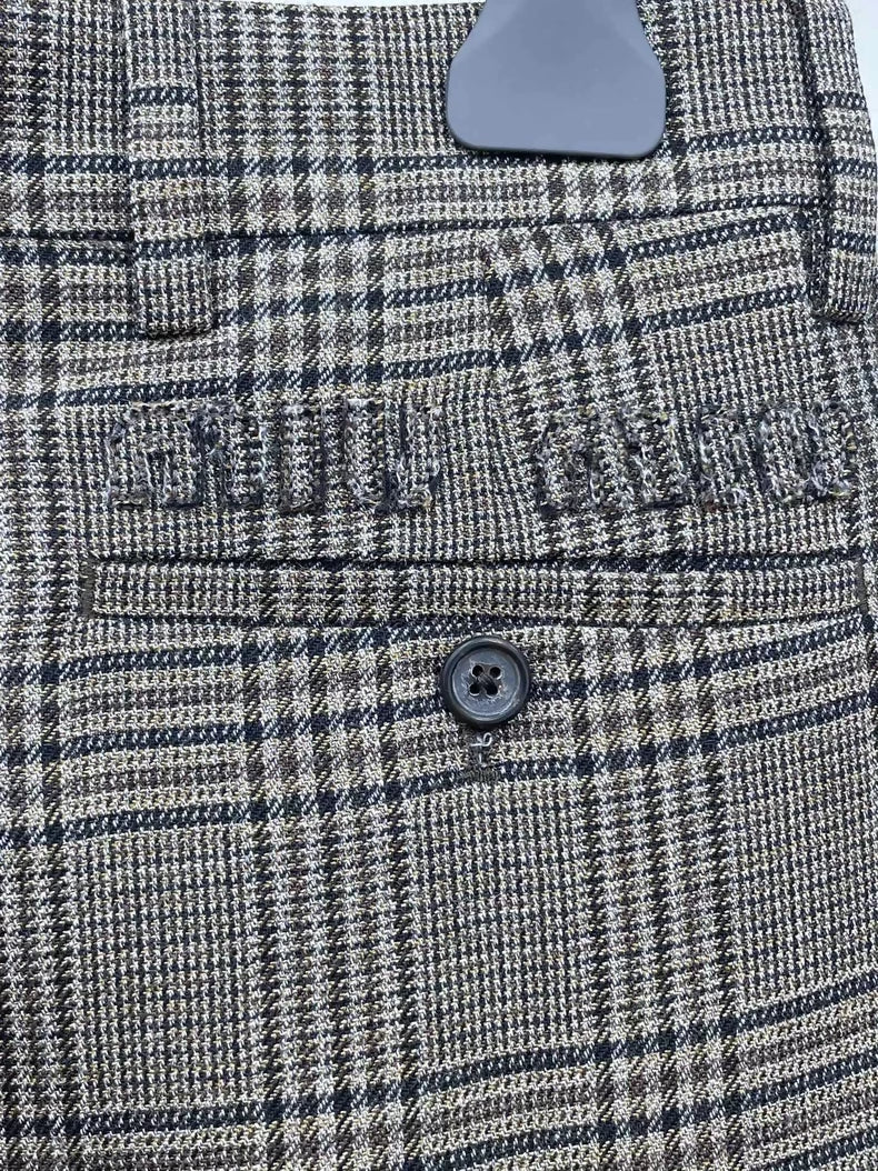 Miu Miu plaid logo patch wool slim straight leg pants