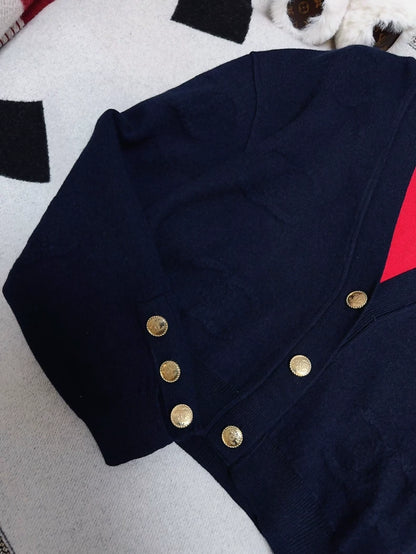 Chanel 21P dark blue with red embossed double C cardigan