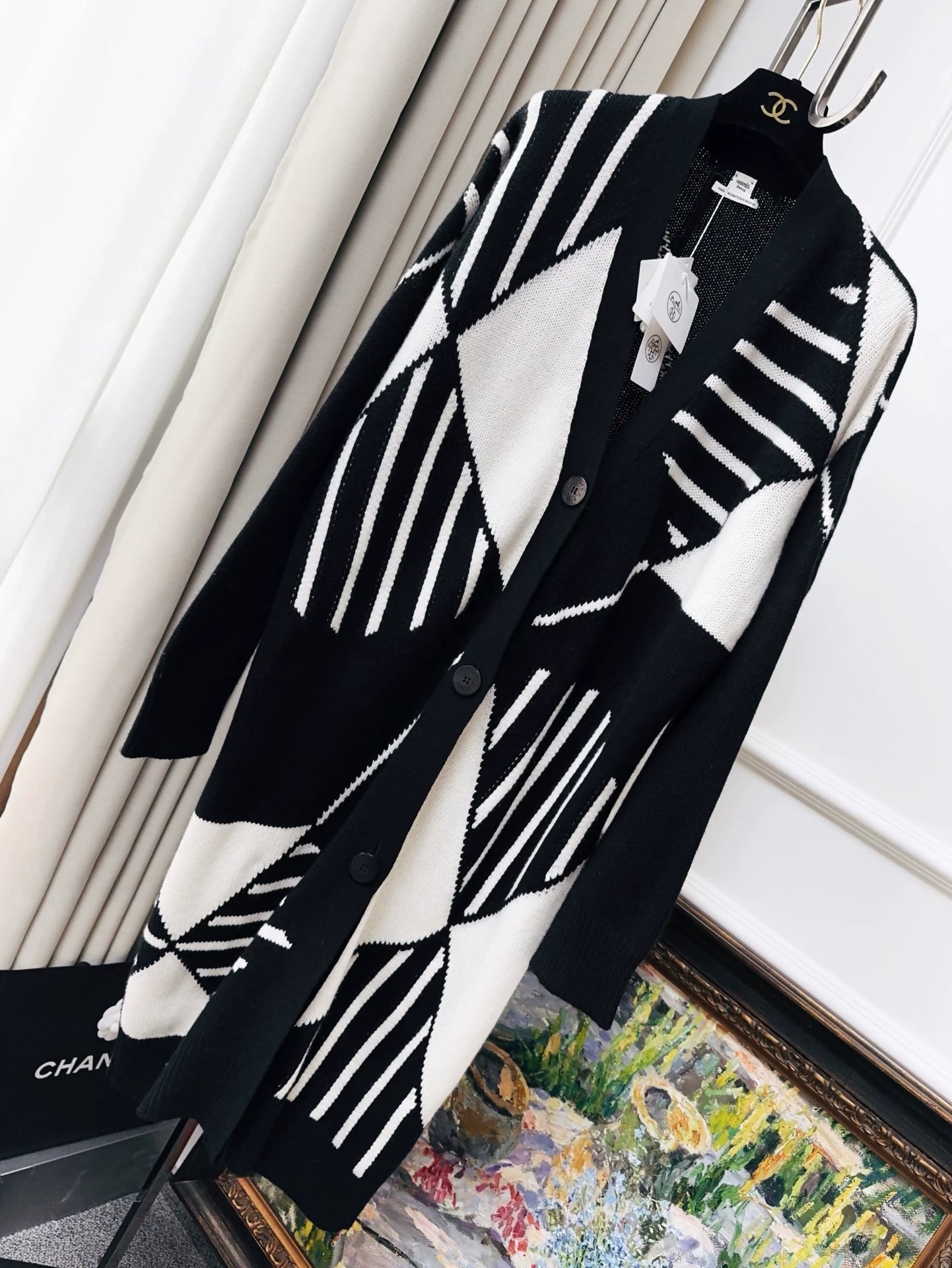 Hermes black and white long cashmere coat
