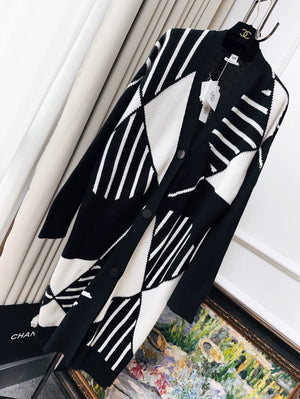 Hermes black and white long cashmere coat