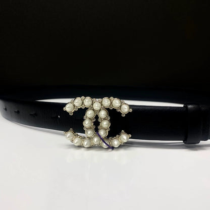 Chanel 22A rhinestone pearl double C black belt