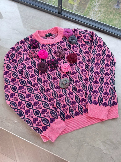 Chanel 22K pink-purple camellia brooch sweater