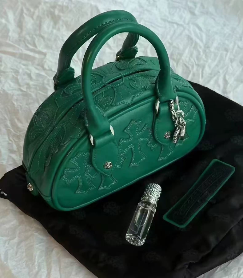Chrome Hearts green leather cross embroidered small tote bag