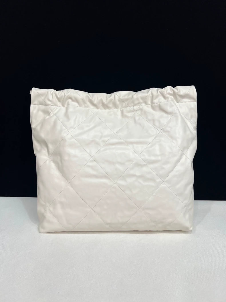 CHANEL 22 bag, white with black lettering, medium size